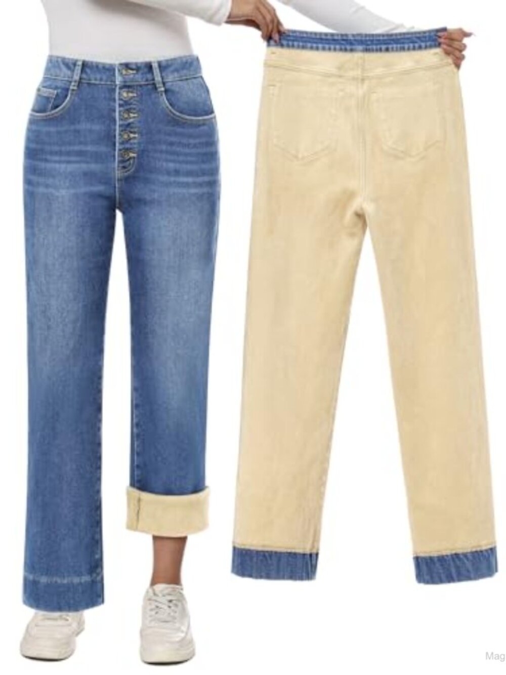 Fleece Lined Jeans High Waist Straight Leg Stretch Winter Warm Pants